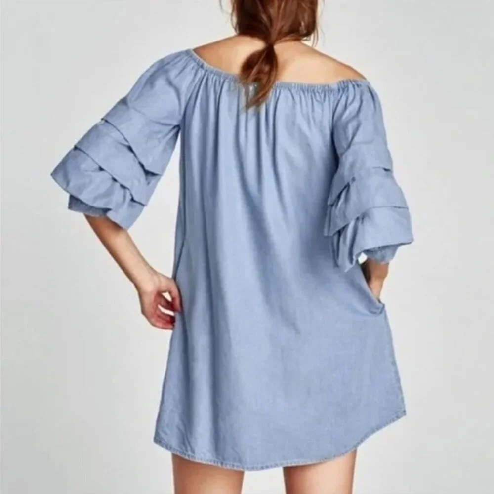 Zara Dress Size Medium Blue Denim Tiered Puff Sleeves Mini Off-The-Shoulder Jean